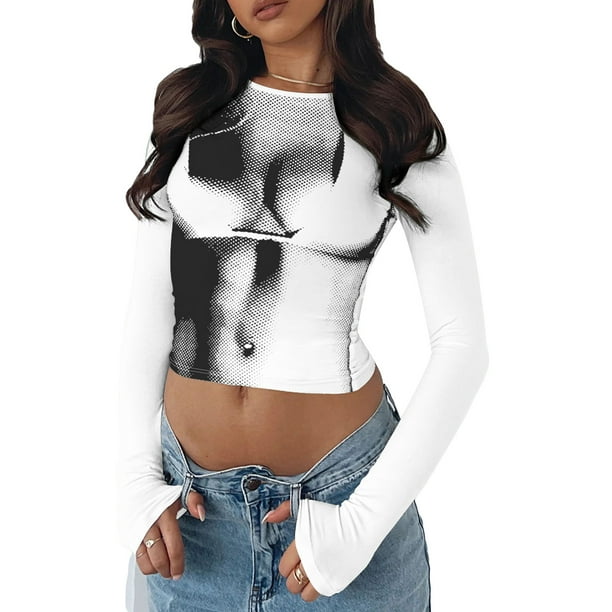 Top corto para mujer, estampado de moda, manga larga, cuello redondo, camiseta sin mangas ajustada para mujer