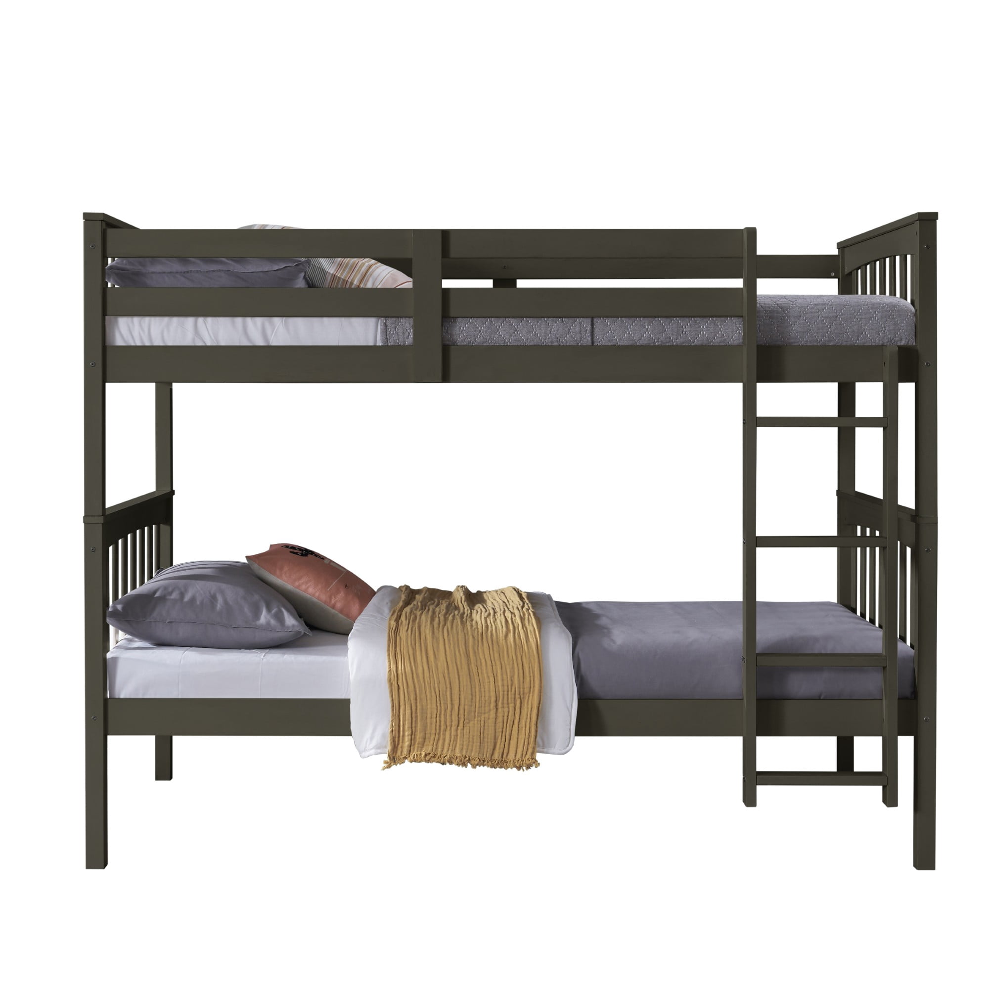 Home Design Ames Twin Over Twin Solid Wood Bunk Bed Frame, Convertible, Sturdy Guardrails, Dark Gray, Easy Assembly