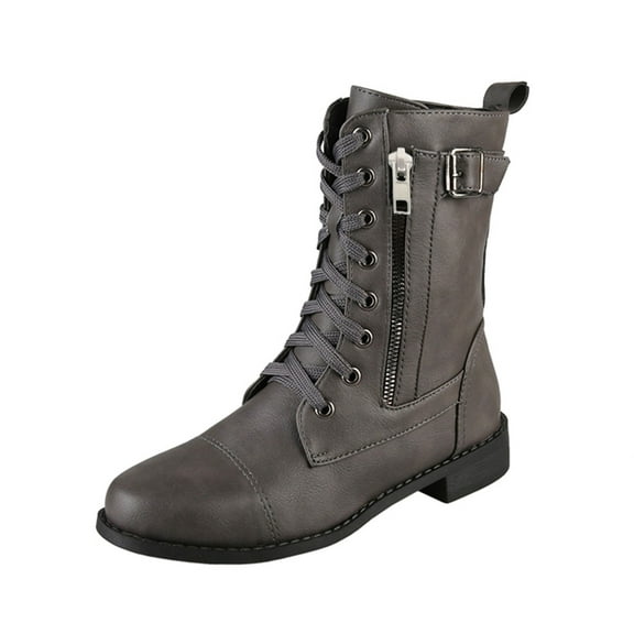 YLYL Women's Military Boots Lace up Round Toe Low Heel Combat Boots