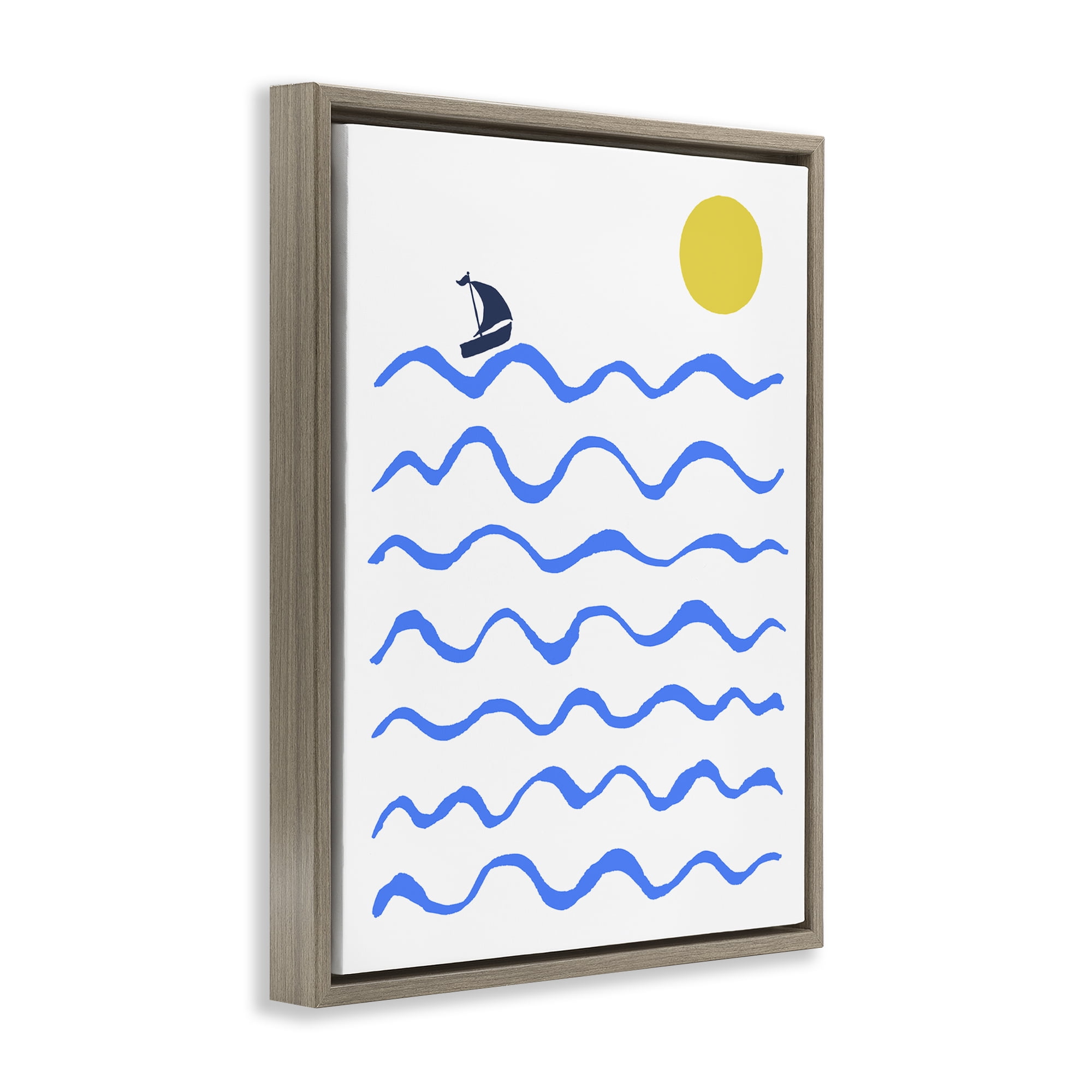 Stupell Industries Blue Waves & Sailboat Doodle Nautical & Beach Painting Brown Floater Framed Canvas Art Print Wall Art, 17 x 21