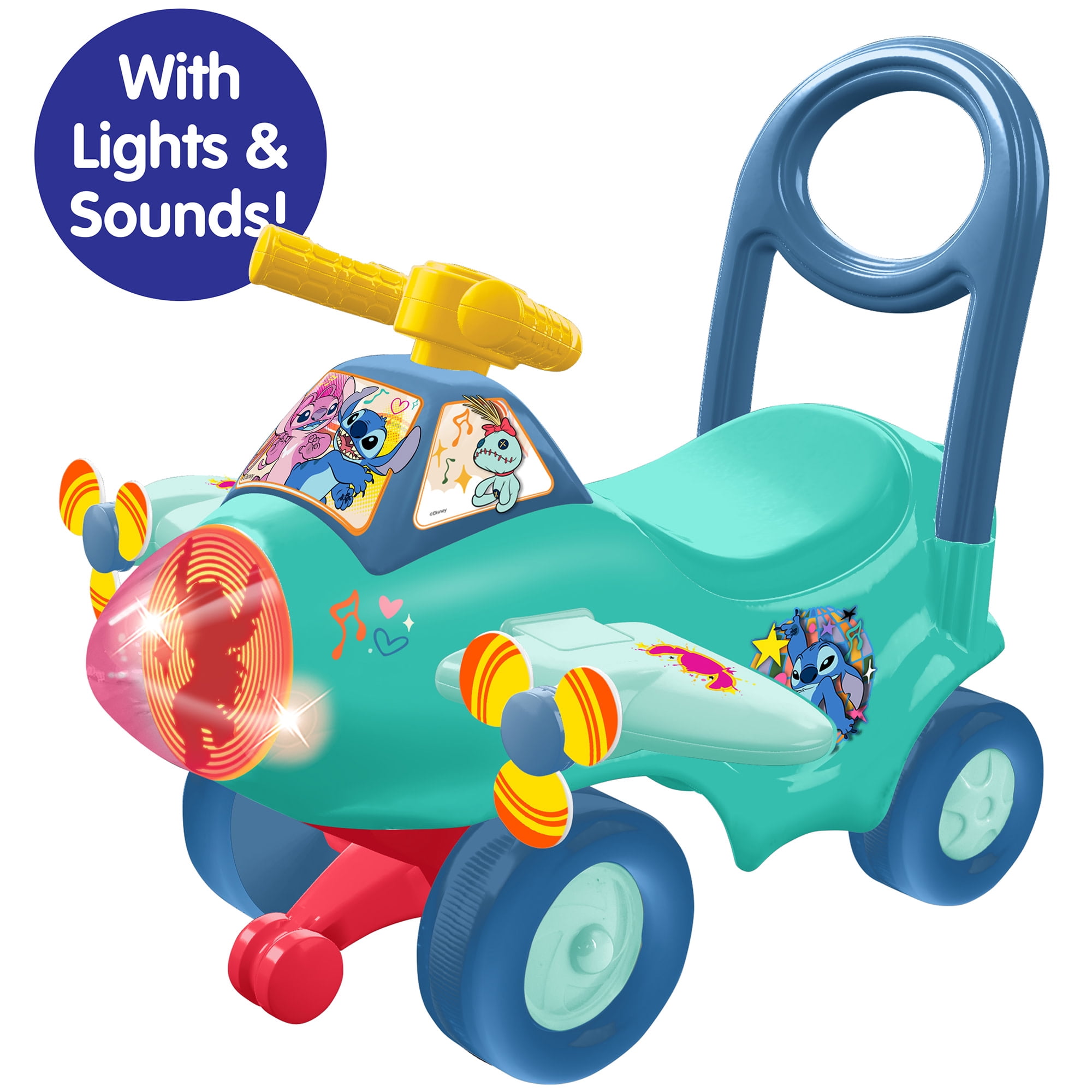 Kiddieland: Animated Lights Activity Plane - Stitch - Disney Lights-Sounds Foot-To-Floor Vehicle, Interactive Steering Wheel, Handle, Toddlers 12-36mo