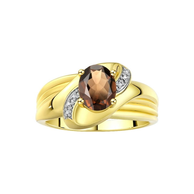 RYLOS Bagues pour Femmes Bague en Or Jaune 14K Ovale 9X7MM Pierre Précieuse et Diamants Design Classique Juin Quartz Fumé Bijoux pour Femmes Taille 5