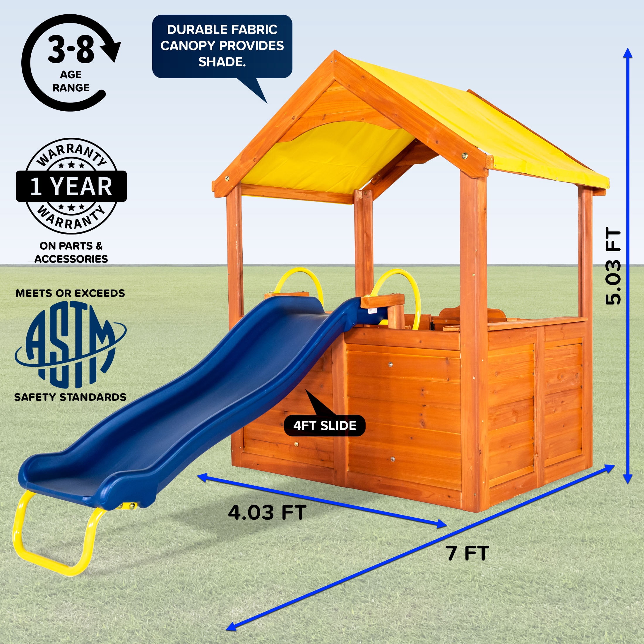 Sportspower Encinitas Wooden Playhouse with 4' Slide, Yellow Canopy & Table