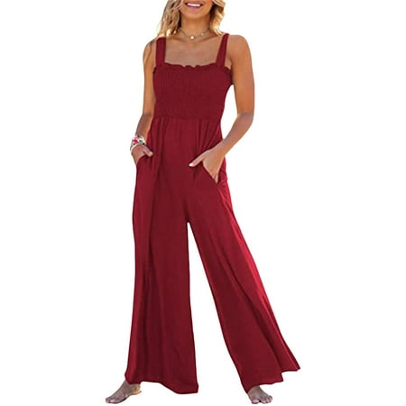 

Qiylii Womens Casual Sleeveless Loose Jumpsuits Square Collar Smocked Rompers Wide Leg Jumpsuit with Pockets