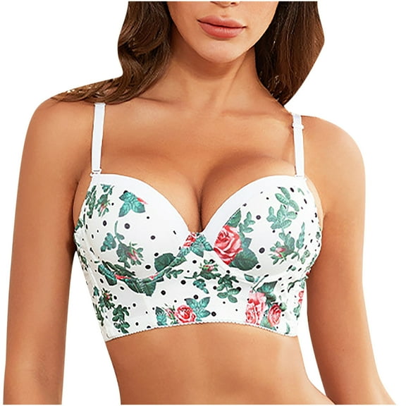 Yoga Bra Women Print Bra with Steel and Comfortable Underwear Lingerie V-Neck Back-Smoothing Bra Feature Hook and Eye Closure Training Bra Style Y-192 , White S