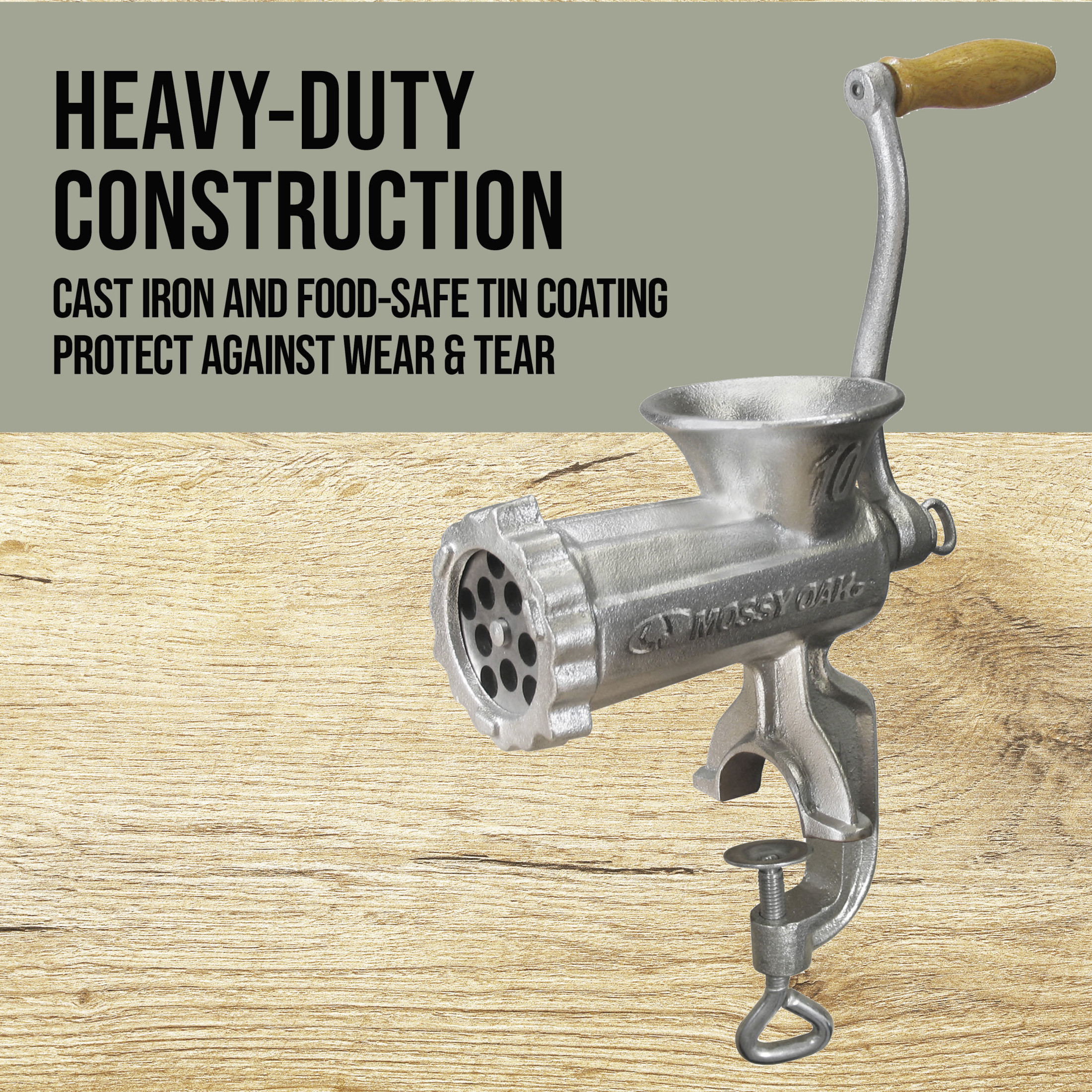 Mossy Oak Heavy-Duty Manual Meat Grinder & Sausage Stuffing Kit with 2 Grinding Plates and C-Clamp