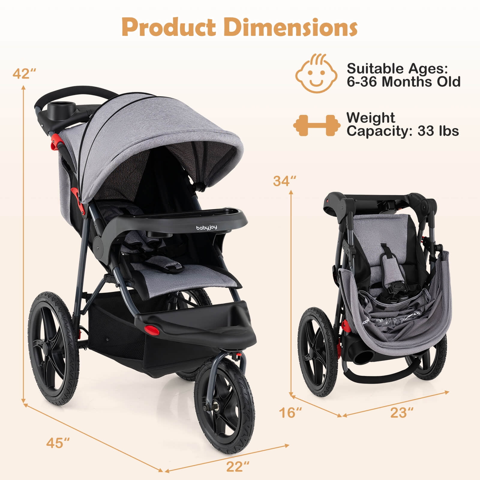 Babyjoy Jogging Stroller Foldable Jogger with Adjustable Canopy Detachable Tray Cup Holders Gray