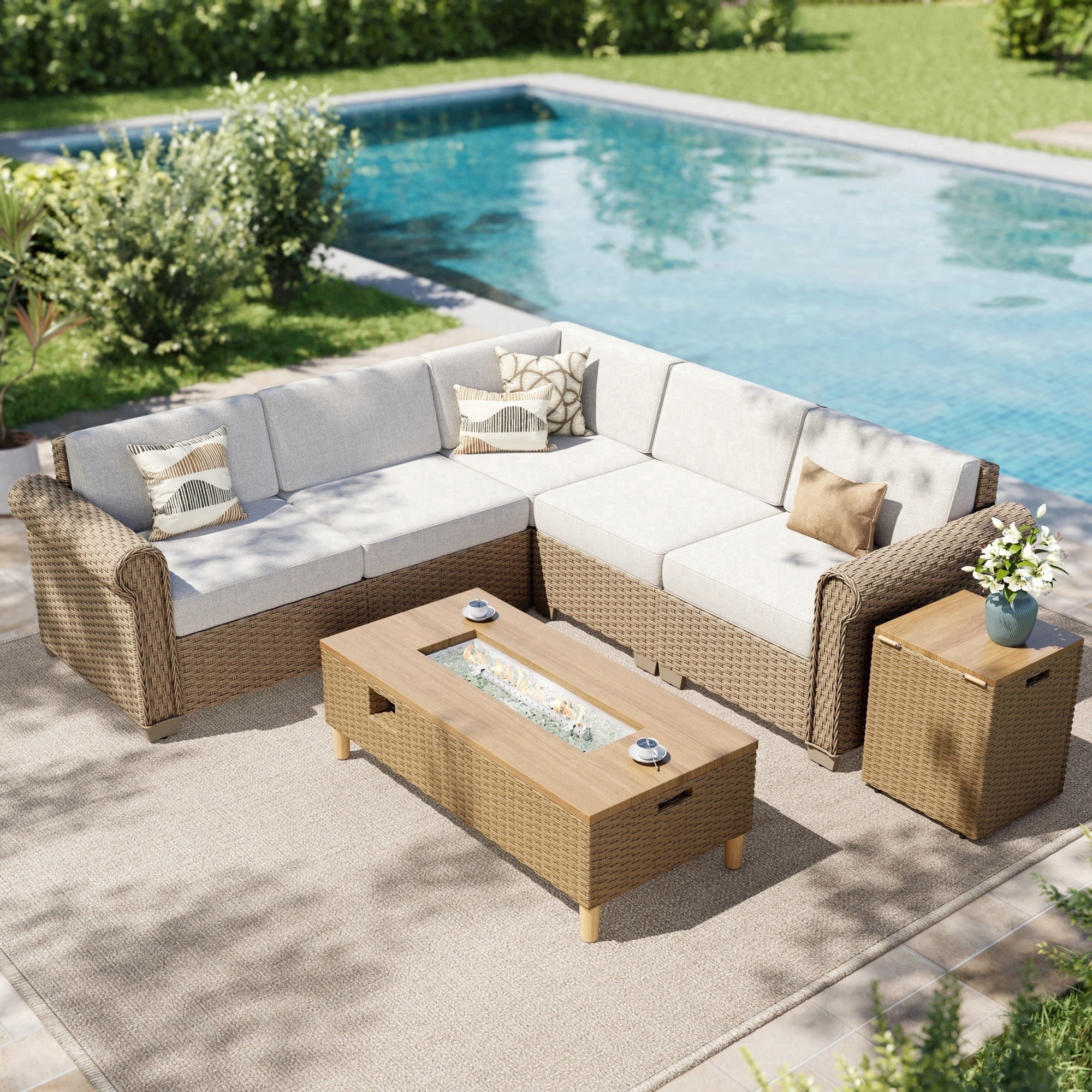 SUMMIT LIVING 5-Seat Wicker Outdoor Patio Furniture Set with 42" Fire Pit Table, Outdoor Patio Sectional Set with 2 in 1 50000 BTU Propane Fire Pit Table with Hidden Tank Table