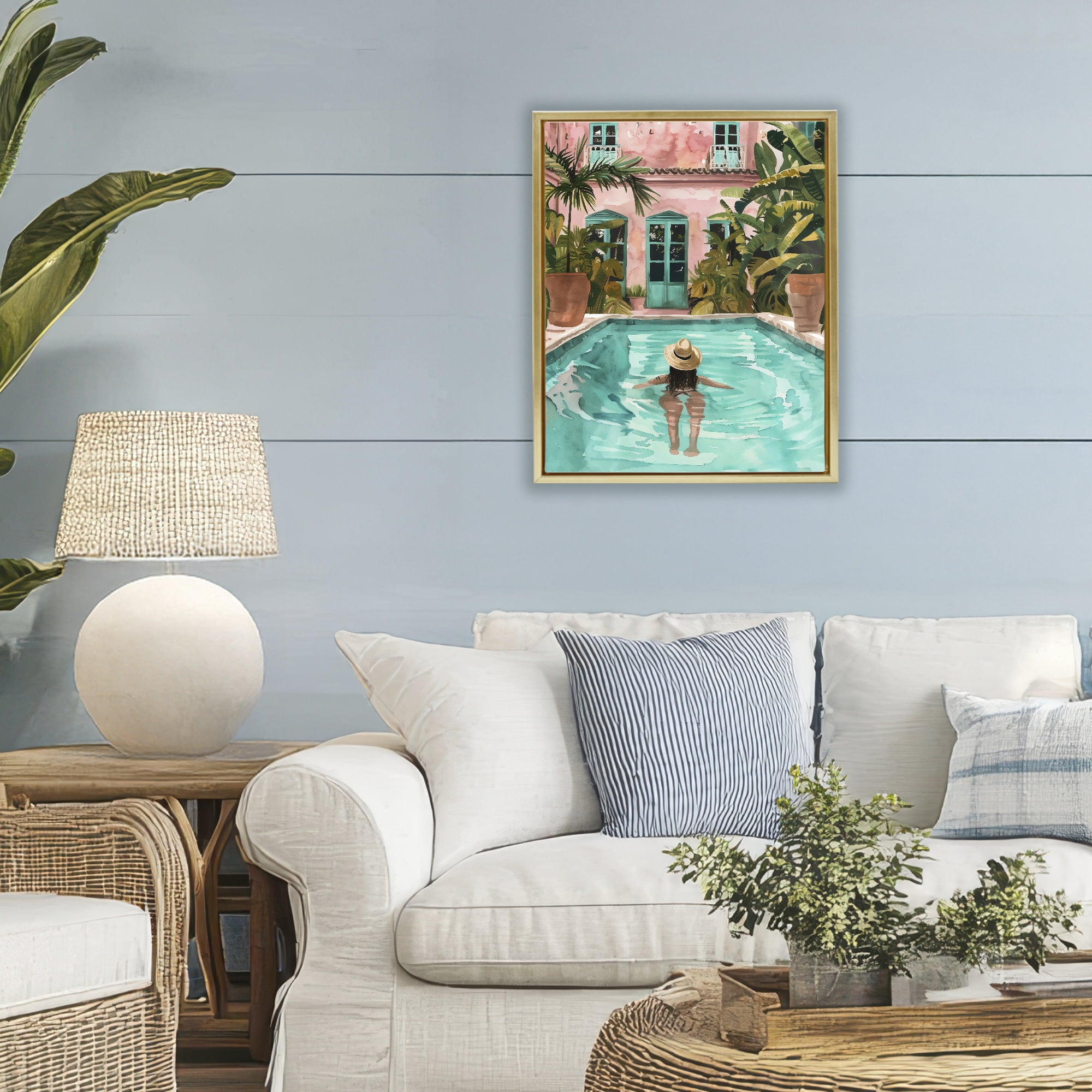 Stupell Industries Girl Swimming In Pool Gold Framed Floater Canvas Wall Art, design by The Prints Vibe