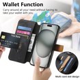 thumbnail image 3 of for iPhone 16 Pro PU Leather + TPU Wallet Case, Card Slots Wristband Kickstand RFID Blocking Anti Peeping Magnetic Clasp Full Body Protection Phone Cover for iPhone 16 Pro, Black, 3 of 9