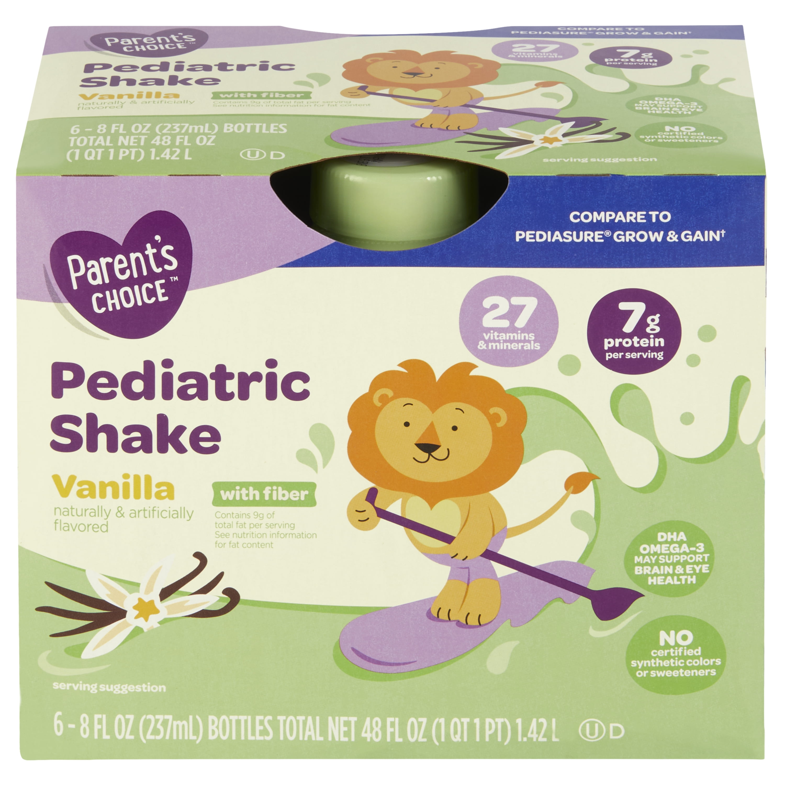 (3 pack) Parent's Choice Pediatric Shake, Vanilla with Fiber, 8 fl oz Bottle, 6 Shakes