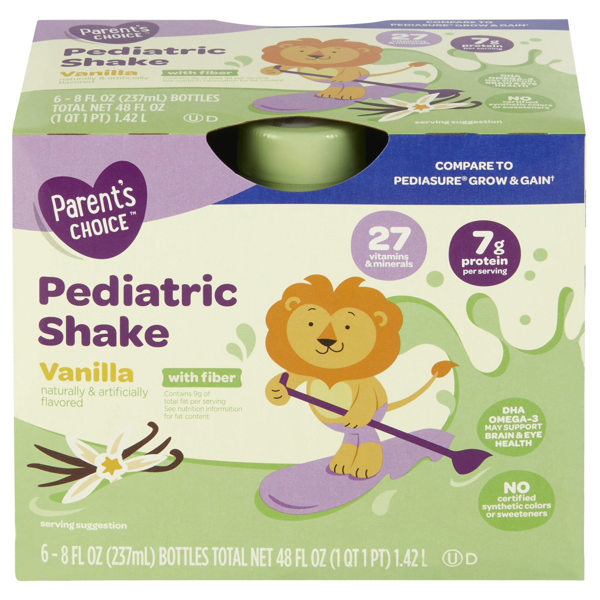 Parent's Choice Pediatric Shake, Vanilla with Fiber, 8 fl oz Bottle, 6 Shakes
