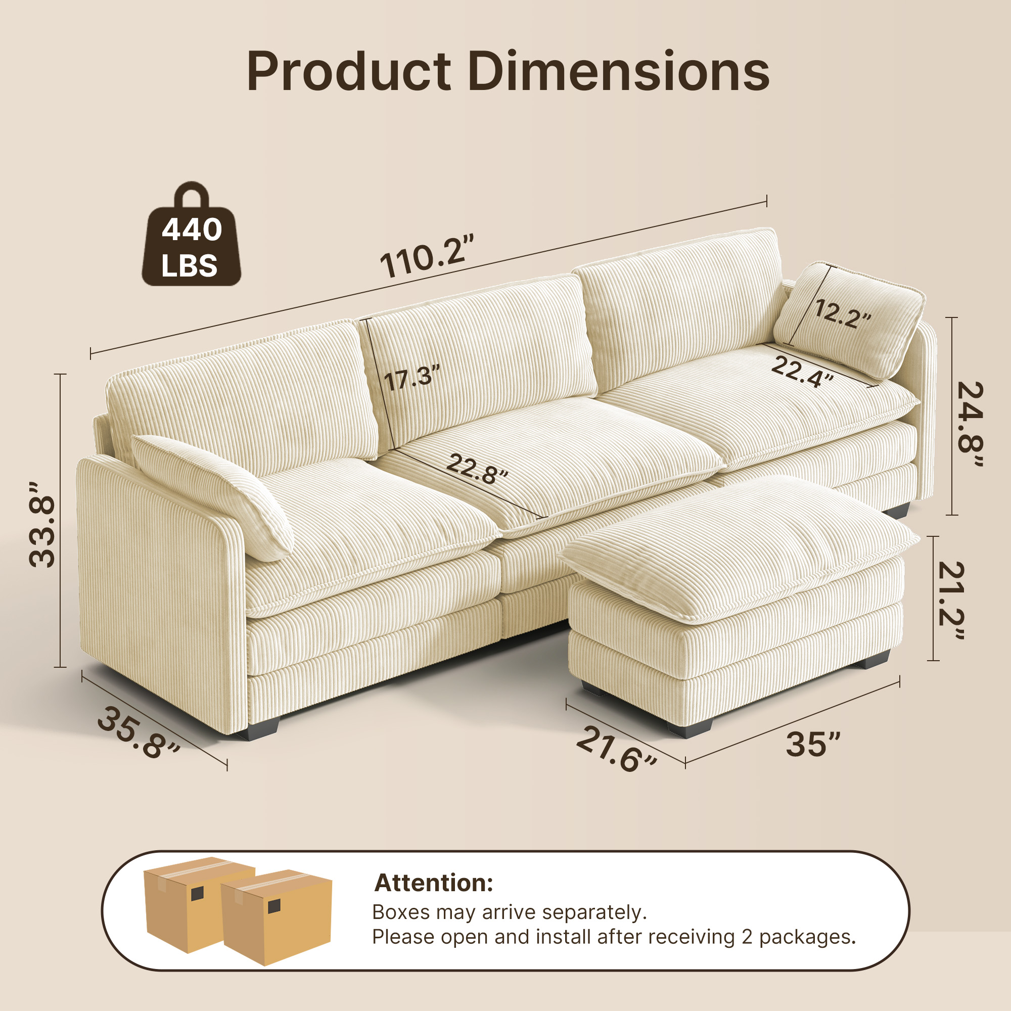 Sectional L-Shaped Sofa, Lofka Modular Comfy Cloud Sofa with Movable Ottoman and Soft Seat Cushion, 440lbs, Beige