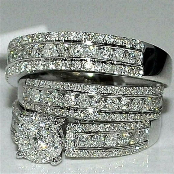 Hitanshu Jewels Cluster Round Cut Cubic Zirconia His & Her Trio Ring 14K White Gold Plated