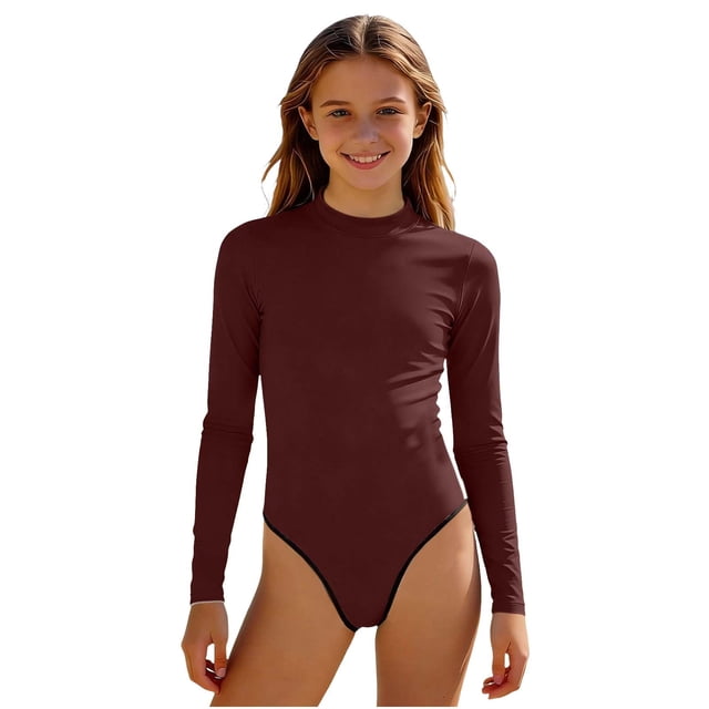 Swimsuit for Girls, Long Sleeve One Piece Rashguard, Solid Color Beach Vacation Swimsuit for Kids 2-13 Years