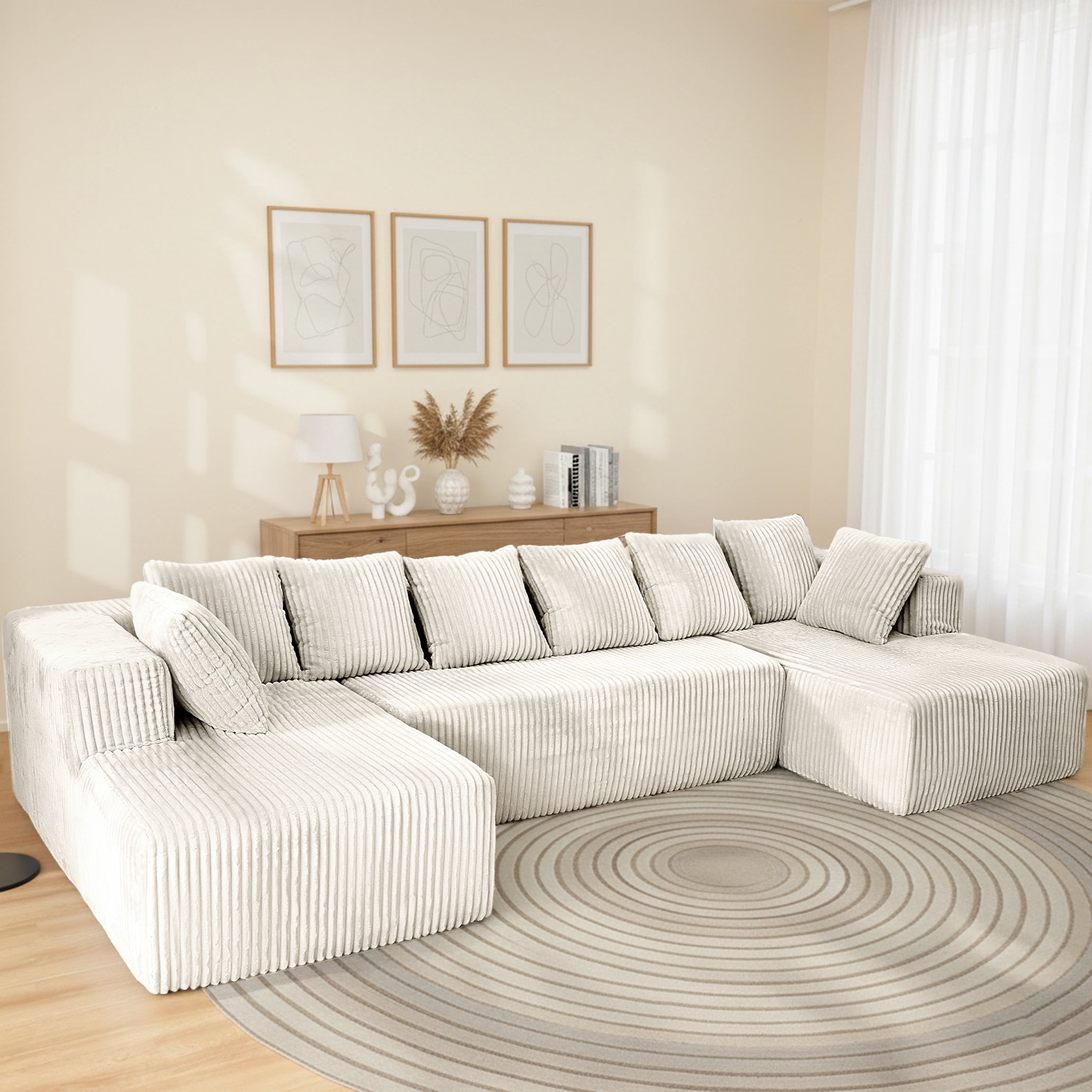 SEENYOO 130" Boneless Couch, Modern Couches for Living Room, U-Shaped 4-Seat Modular Sofa with Chaise, Oversized, No Assembly, White