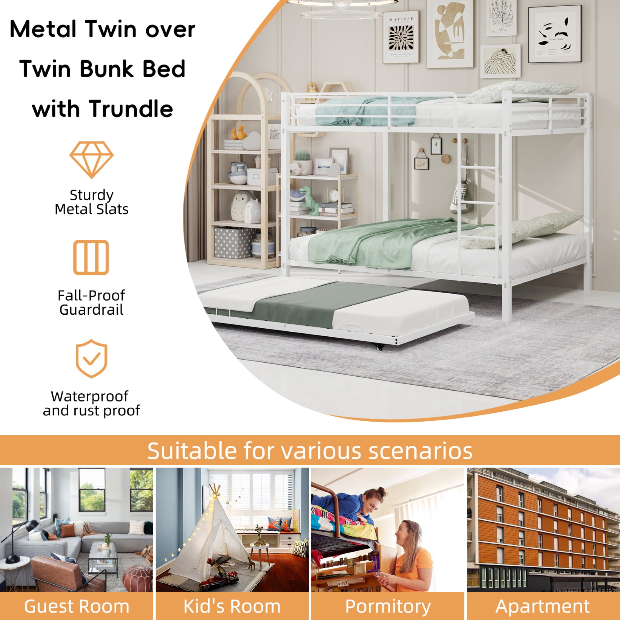 Full over Full Size Bunk Bed with Trundle, Heavy-Duty Metal Bunk Bedframe with Ladder and Full-Length Guardrails for Kids Teens Adults, No Box Spring Needed
