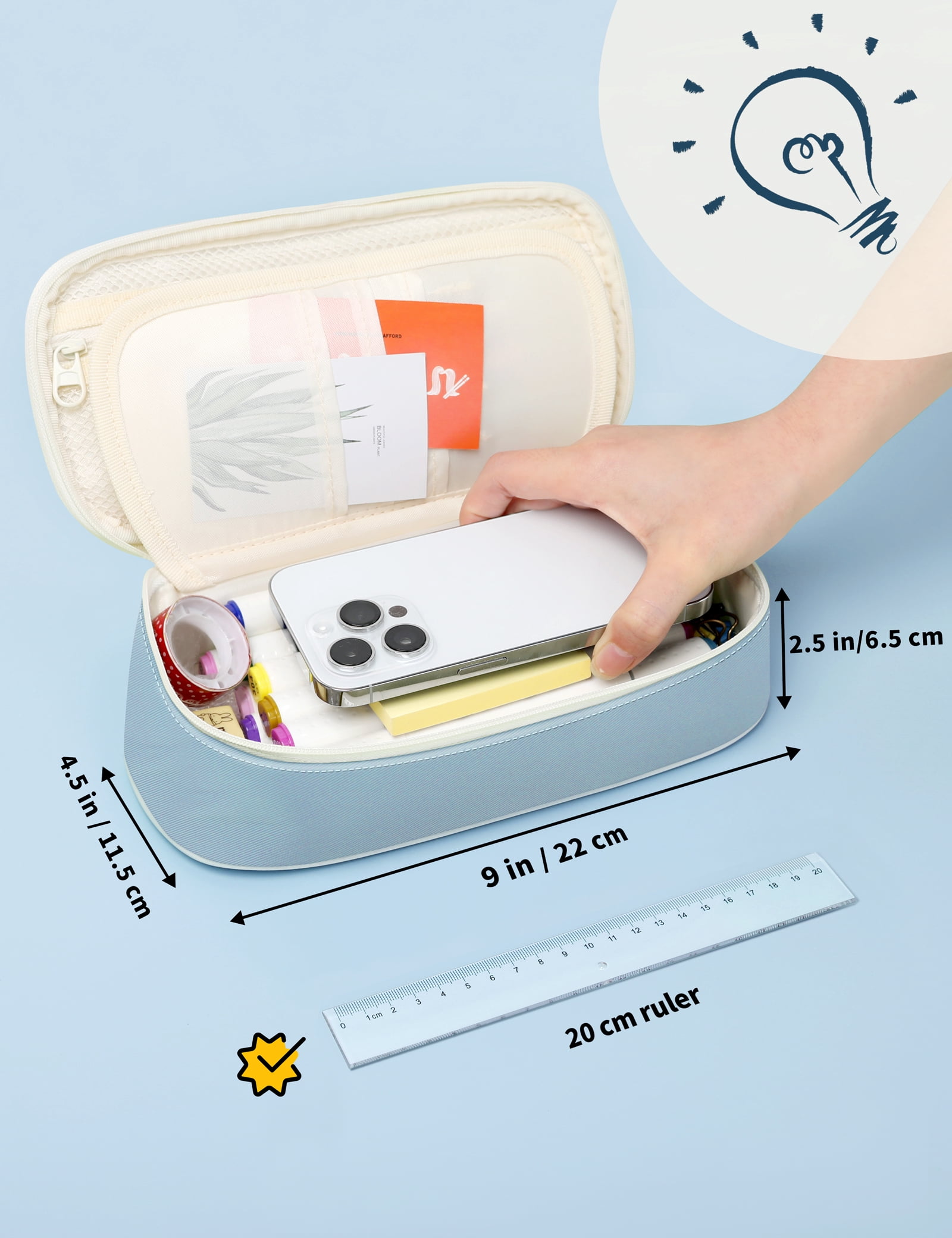 SUNEE Stylish Durable Versatile Zipper Pencil Case, Large Stationery Organizer Bag for Teens and Adults, Blue