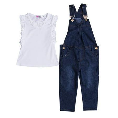 

Toddler Girls Denim Romper Jumpsuit dungarees T-shirt 2pcs Kids Summer Outfit Clothes 2-7Y