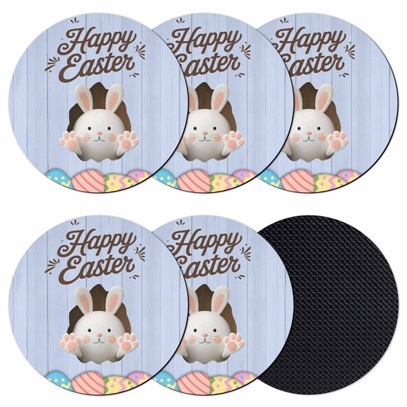 Blue Easter Coasters Set of 6, Absorbent Coasters for Drinks, Spring Cartoon Bunny Colorful Eggs Wood Grain Coaster for Desk Coffee Table Protection, Home Decor House Warming Gifts 4"