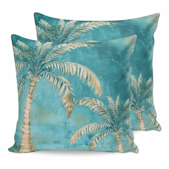 Pillow Covers 18x18 Set of 2, Coastal Beach Palm Tree Throw Pillow Covers Decorative Couch Cushion Cover, Retro Teal Tropical Plant Summer Microfiber Soft Pillowcases for Bedroom Living Room Sofa