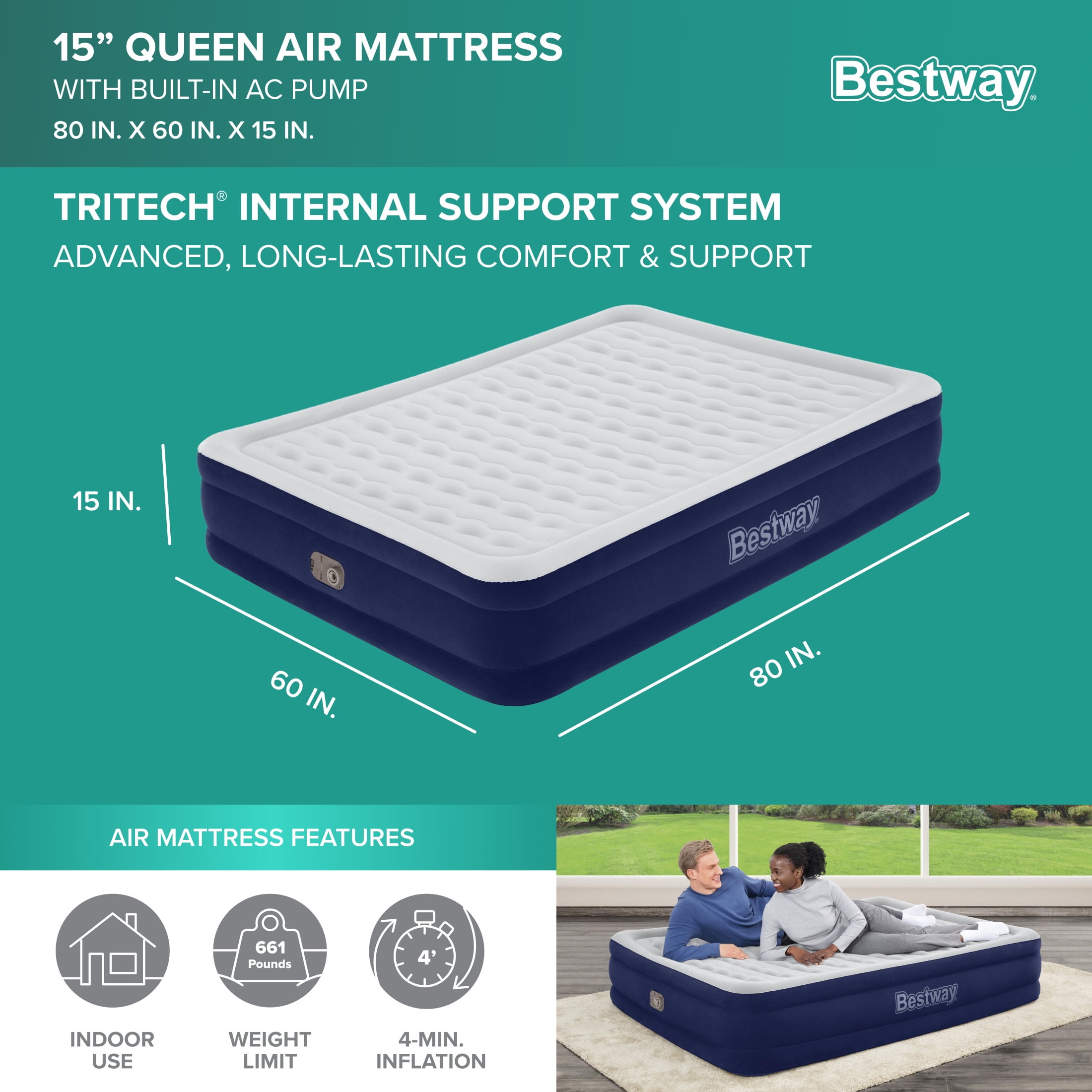 Bestway Tritech Air Mattress Queen 15" with Built-in AC Pump Included