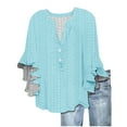 thumbnail image 2 of Women's Bohemian V-Neck Blouse - Loose Fit Lace-Up Short Sleeve Top with Ruffled Sleeves Breathable Hollow-Out Fabric | Casual Summer Style | Button Accent Details | Yubnlvae (Sky Blue | M), 2 of 4