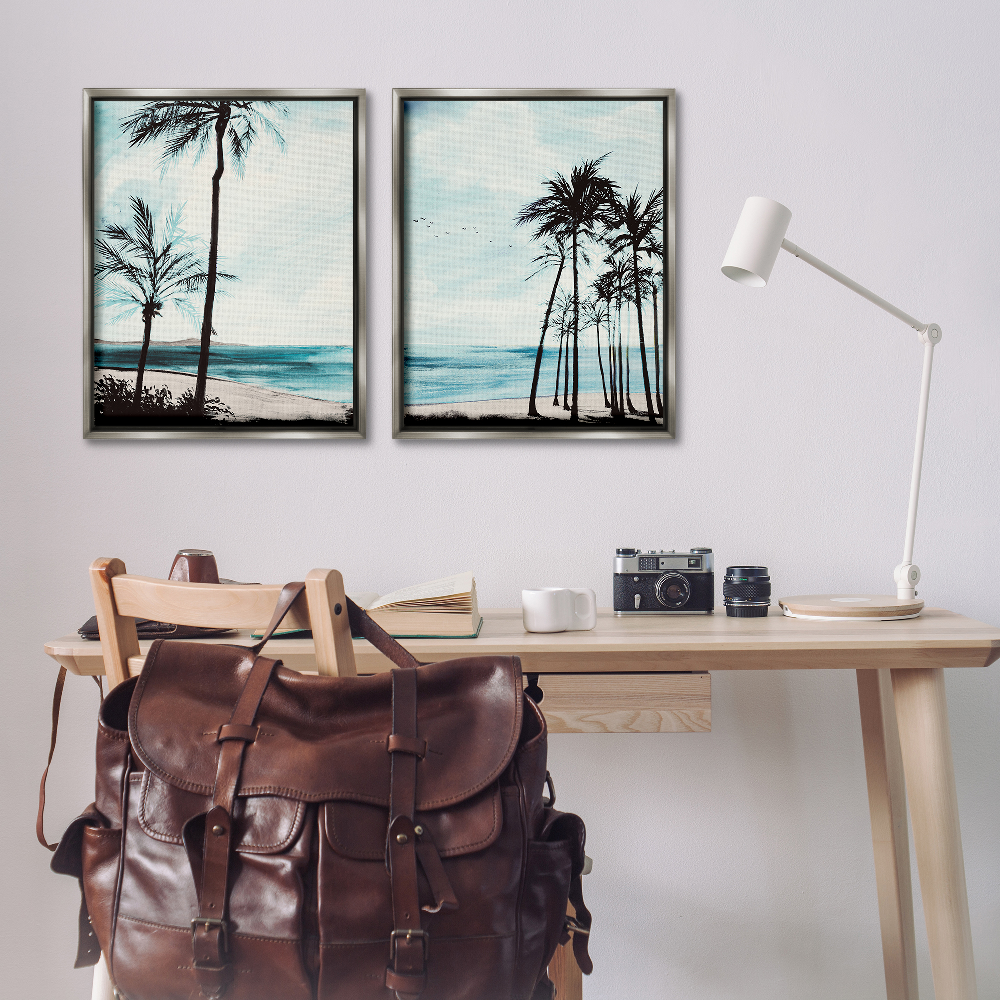 Stupell Industries Tropical Palm Seaview Landscape & Nature Painting Gray Floater Framed Canvas Art Print Wall Art, 31 x 25, Set of 2