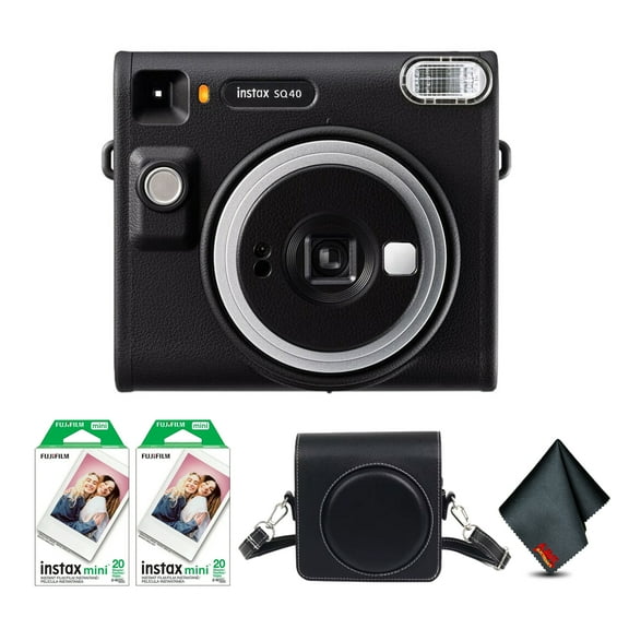 Fujifilm Instax Square SQ40 Instant Camera Black Bundle With Fuji Instax Film Value Pack (40 Sheets) Vintage Style Compatible Carrying Case Microfiber Cleaning Cloth