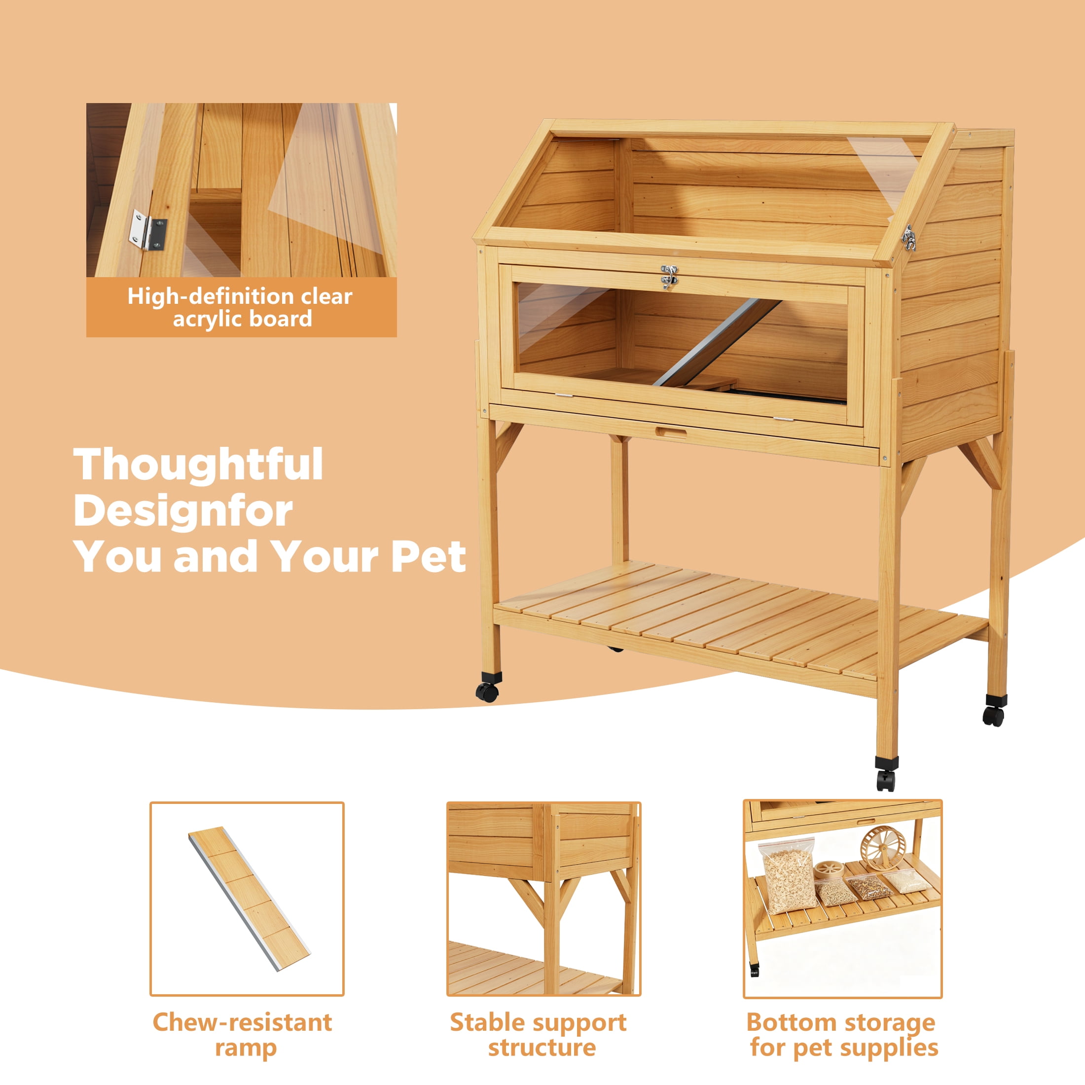Chew Proof Wooden Hamster Cage with Storage Shelf, Movable 2 Tier Hamster Enclosure with 3 Acrylic Window, Natural