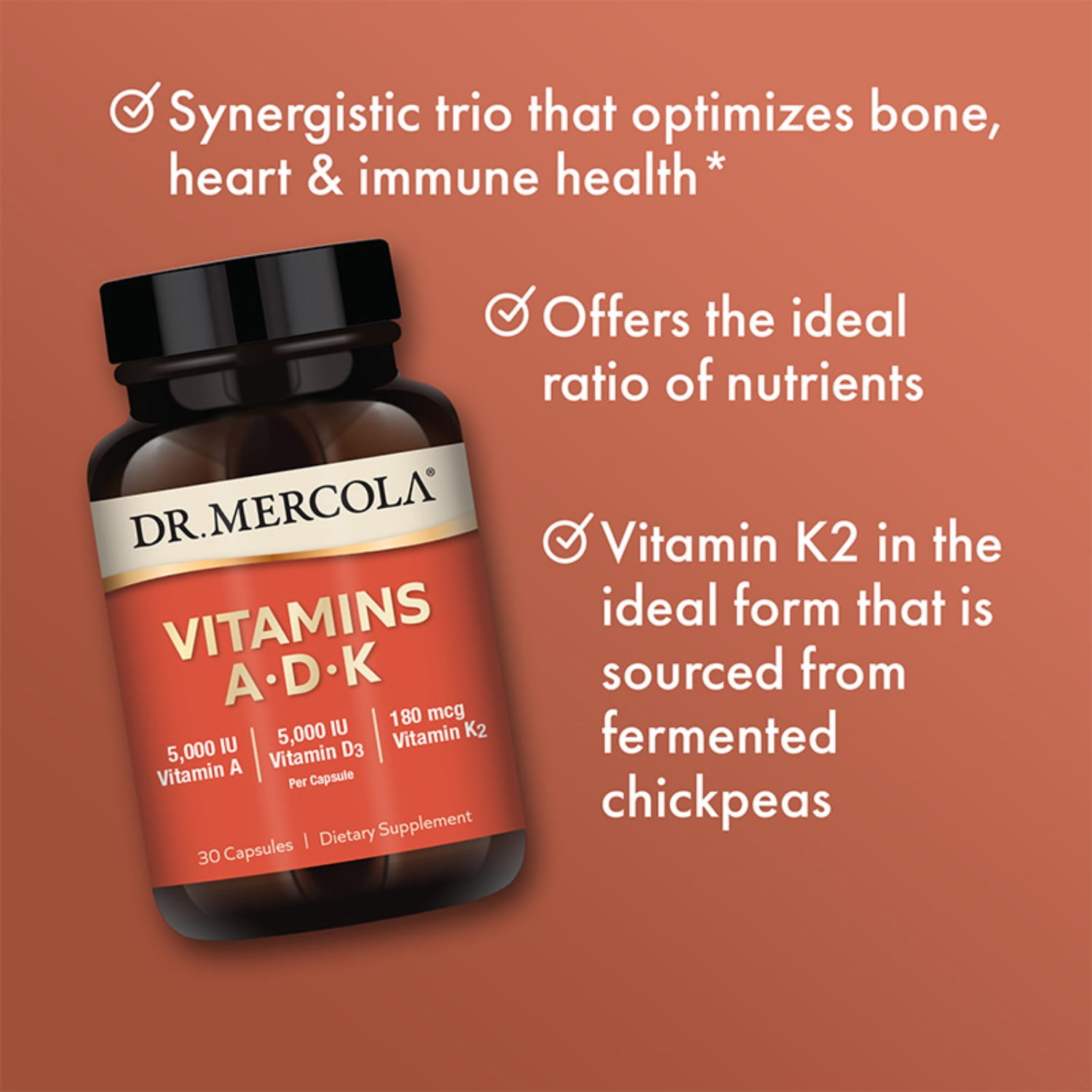 Dr. Mercola Vitamins ADK, 30 Servings (30 Capsules), Dietary Supplement, 5000 IU Vitamin A & Vitamin D3, 180 mcg Vitamin K2, Supports Immune Health, Non GMO