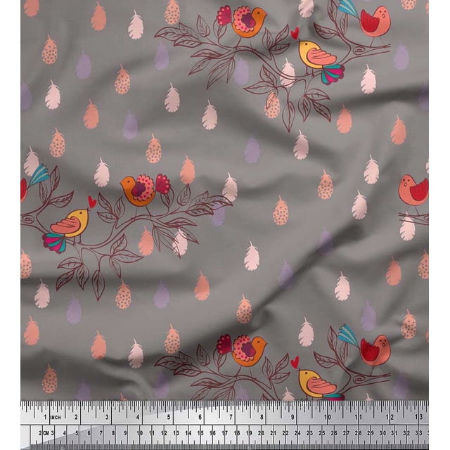 Soimoi Rayon Fabric Feather,Branch & Bird Kids Print Fabric by The Yard 42 Inch Wide