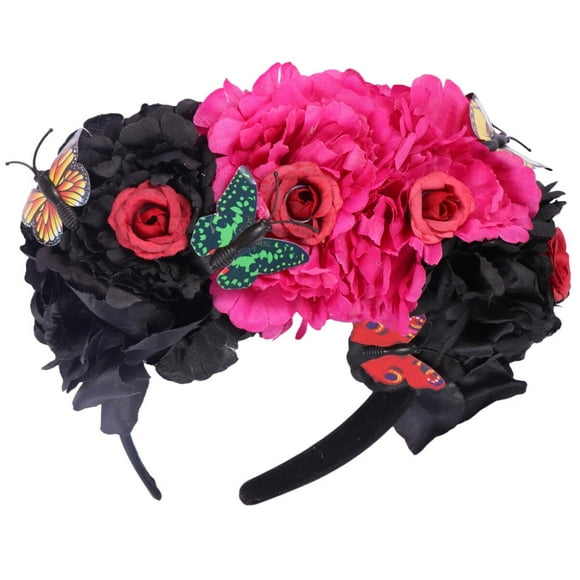 FYBTO Mexican Flower Crown Headband Halloween Party Costume Dias de Los Muertos Headpiece Day of The Dead Flower Crown Easter Mardi Gras Headpiece Party Cosplay Black-0621