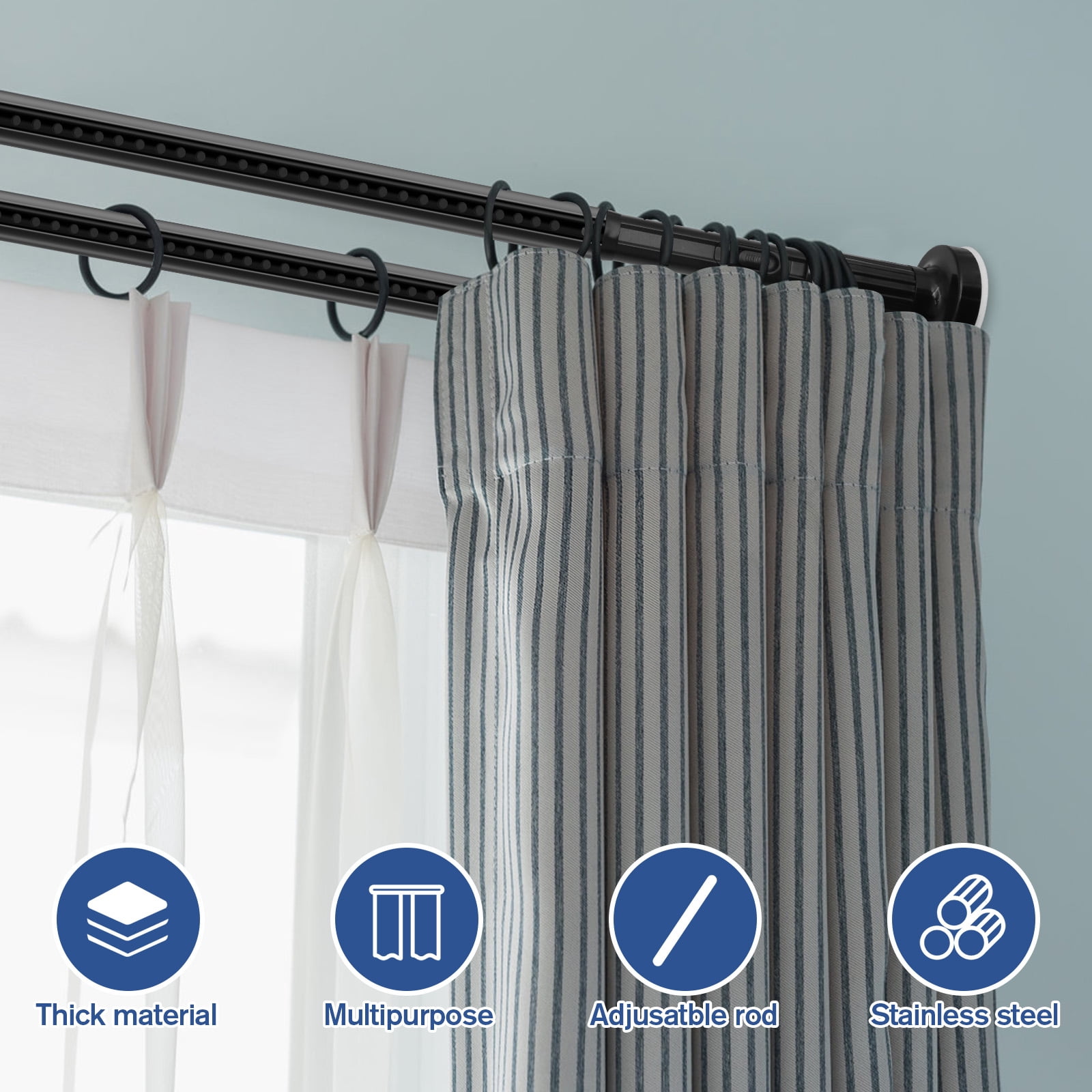 GIRACOA One-Push Tension Curtain Rod, 39-173 Inches Extra Long No Drill Adjustable Spring Rod, Heavy Duty 370 lbs Support, Rustproof Steel for Patio Outdoor Bathroom Window, Matte Black