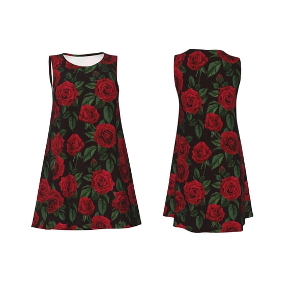 Horeoi Rose Print Women's Sleeveless Dress Cotton-like Flared Hem Deep Side Pockets Above-Knee