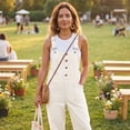 thumbnail image 4 of Textilo Women's Denim Bib Overalls Wide Leg Button Front Jumpsuits with Pockets Adjustable Straps Sleeveless Jean Romper Baggy Casual Y2k Loose Vintage Outfits,White 5XL, 4 of 7