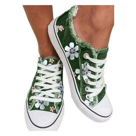 

COOLL Lace Up Canvas Shoes Non-Slip Rubber Sole Flower Print Low Cut Flat Shoes Footwear