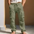 thumbnail image 3 of WULMLEO Mens Linen Cargo Pants Relaxed Fit Drawstring Waist Beach Slacks with Pockets Casual Summer Lightweight Trousers Army Green 3XL, 3 of 5