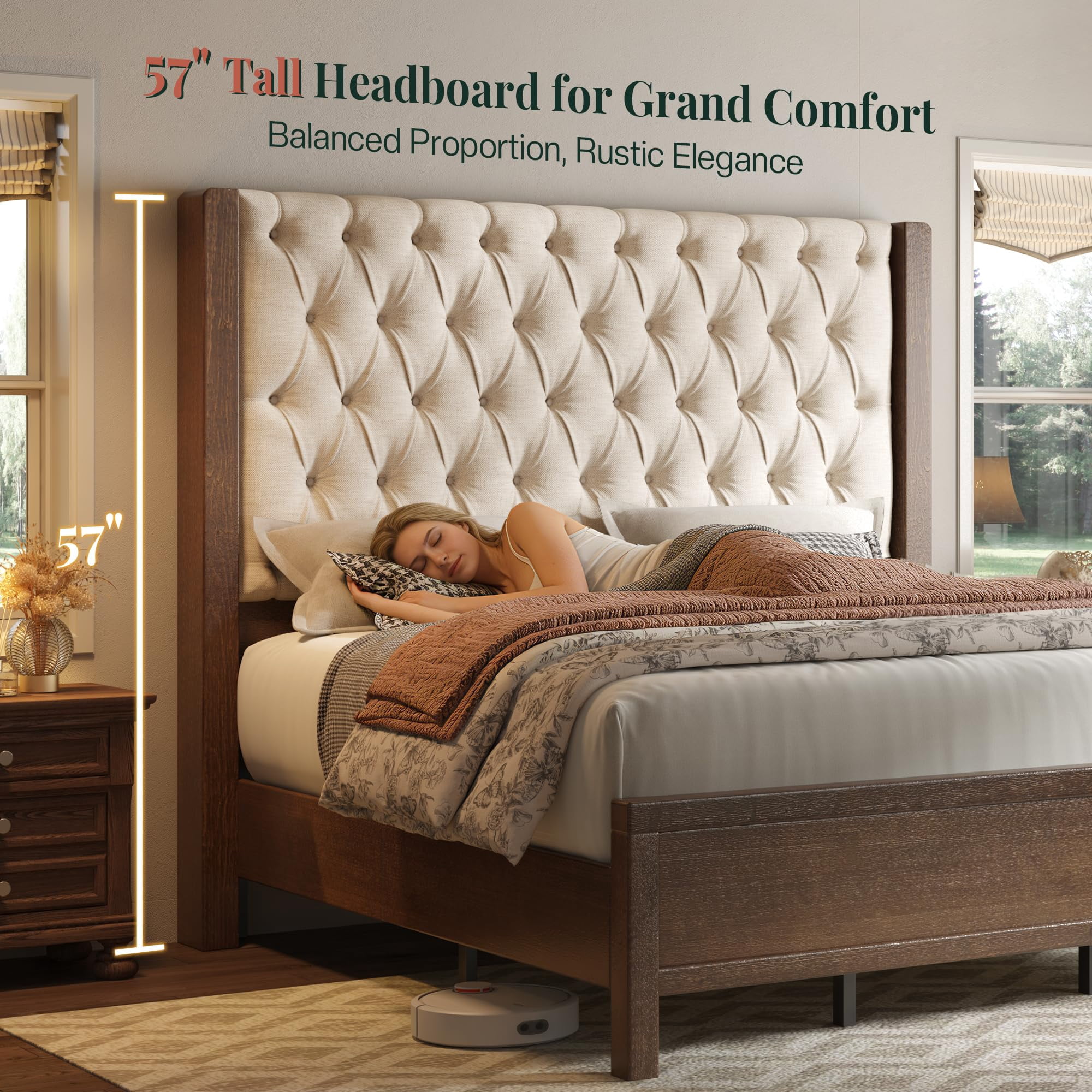 Merluxy Solid Wood King Size Bed Frame, 57" Tall Farmhouse Upholstered Line Wingback Headboard, Deep Button Tufted, Easy Assembly, Dark Walnut