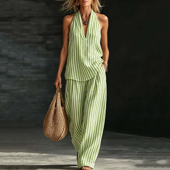 Favoffer Women's Striped 2 Piece Outfit Backless Top Linen Blend Wide Leg Pants Loose Casual Summer Matching Set for Beach Vacation Outdoor