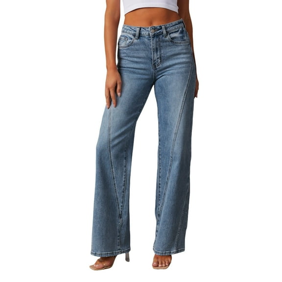 vigerkar Baggy Wide Leg Jeans for Women Straight Patchwork Loose Boyfriends High Waisted Denim Y2k Pants Blue, L