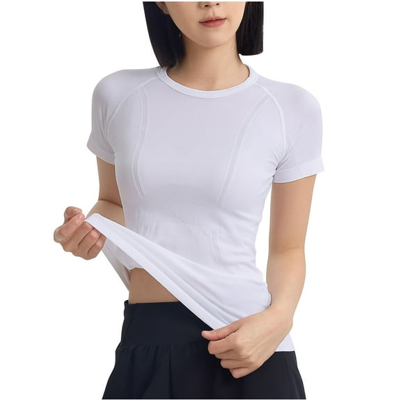 Spandex T-Shirts Womens Gym Workout Yoga Clothes Quick Dry Stretch Crew Neck Tees Slim Fitted Tops (S, White)
