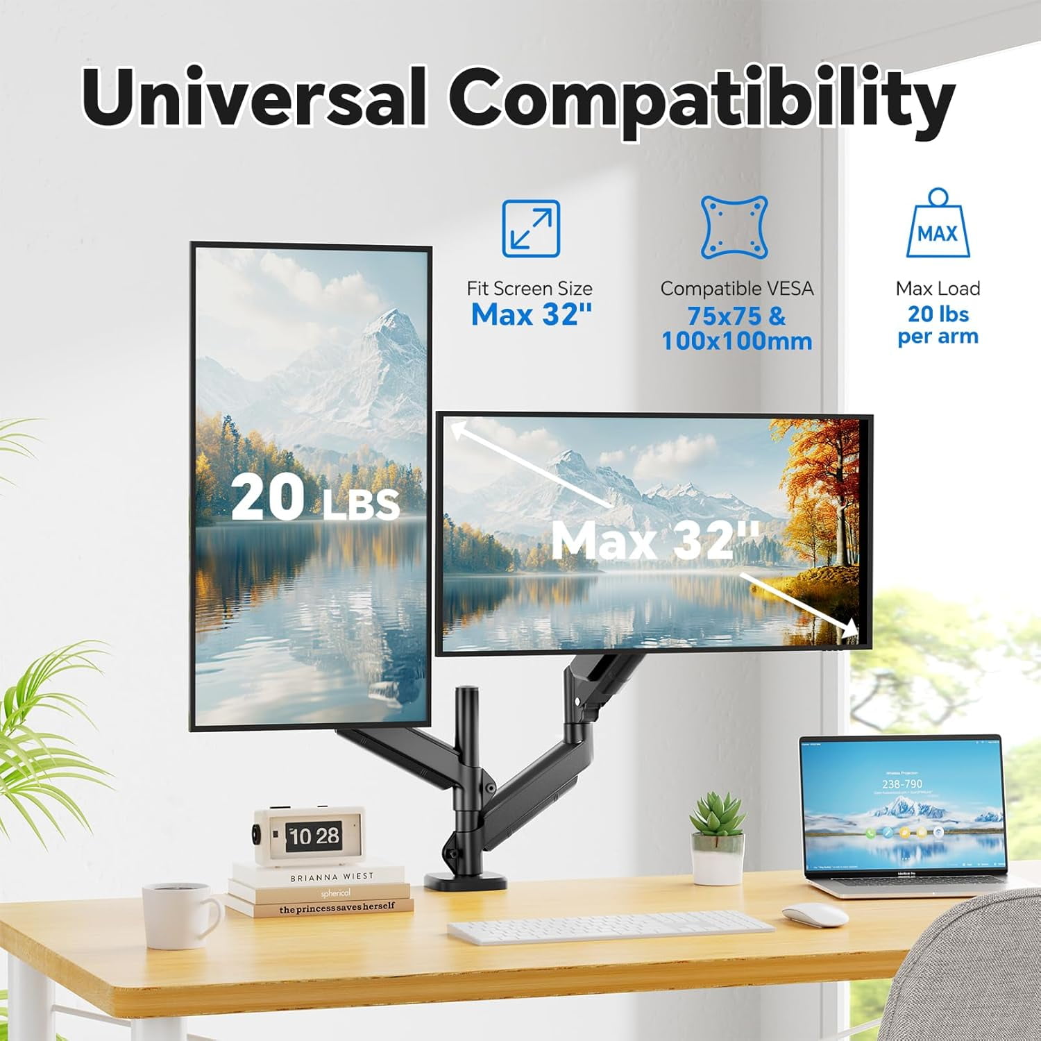 Dual Monitor Stand for 17-27 inch Computer Screens, Adjustable Monitor Riser Holds up to 20 lbs, Black