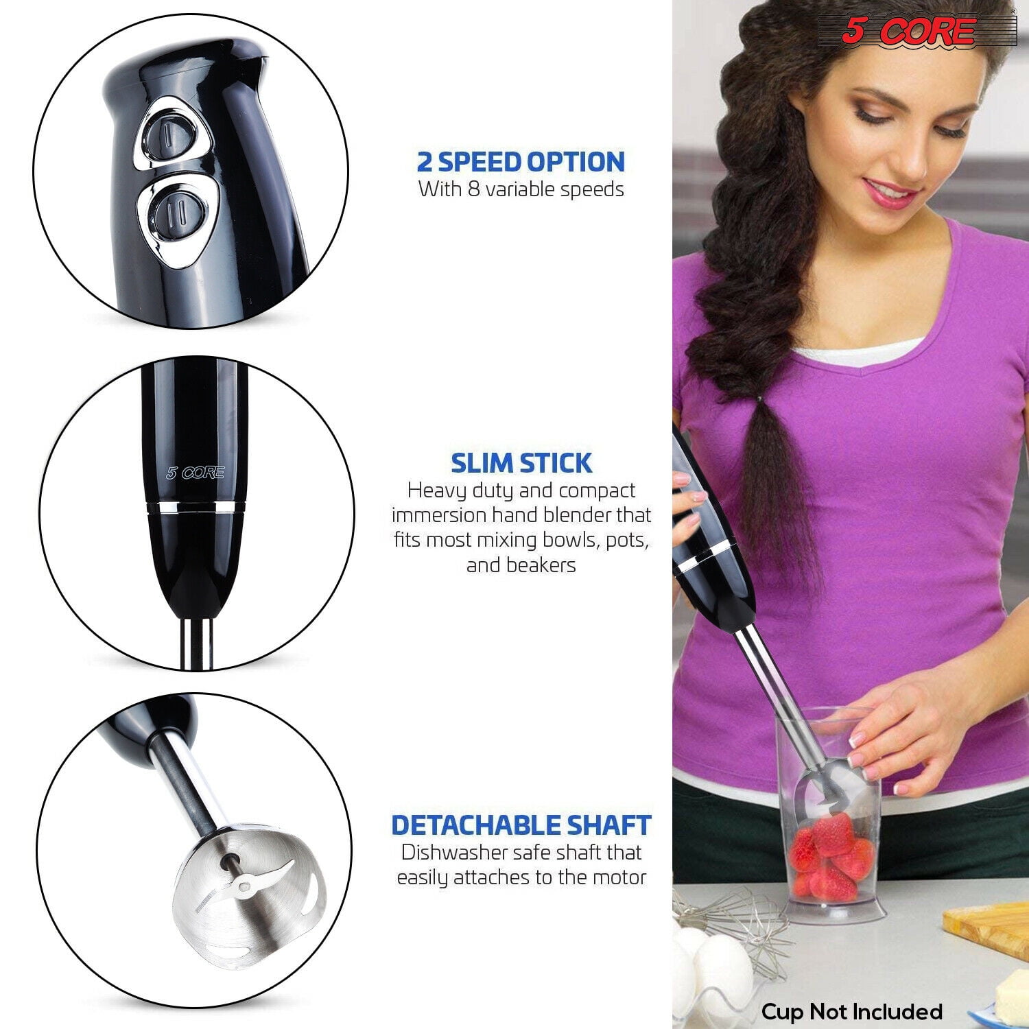 Elite Gourmet EHB1015 Immersion Hand Blender 500 Watts 2 Speed Mixing with Stainless Steel Blades, Detachable Wand Stick Mixer