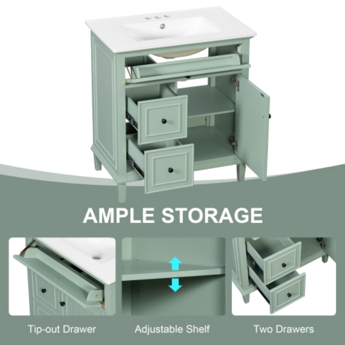 30" Bathroom Vanity with Sink, Modern Bathroom Cabinet with Ceramic Vanity Sink, Solid Wood & MDF Storage Cabinet with Flip Drawer, Adjustable Shelf, Green