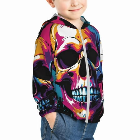 

Uemuo Colorful Skull Pattern Rash Guard for Boys Girls Long Sleeve Swim Shirts UPF 50+ UV Sun Protection Hooded Fishing Shirt with Pocket for Kid-5 Years