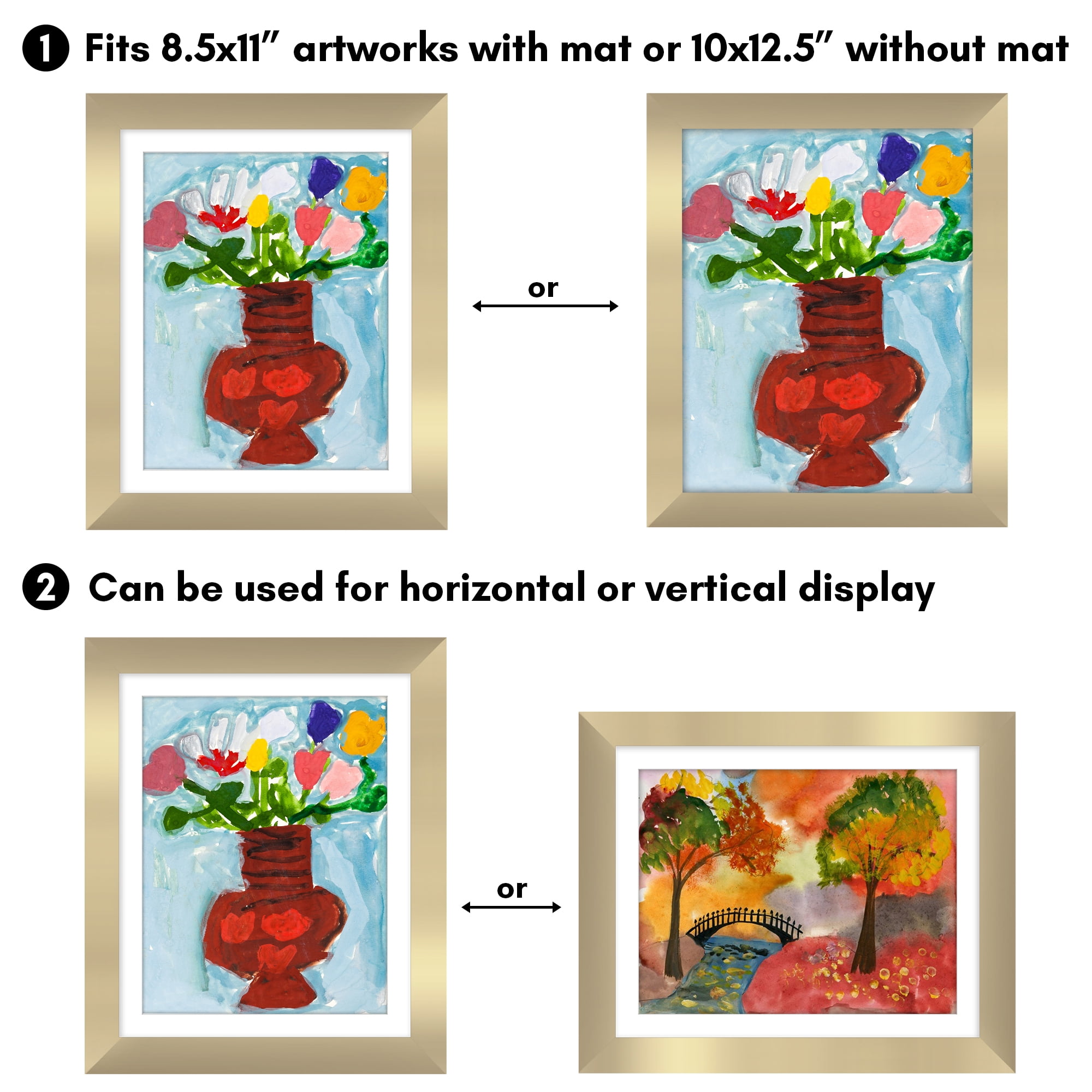 Americanflat 10x12.5 Kids Art Frame 2 Pack Holds 100 Art Pieces 8.5x11 Mat Magnetic Letter Size Display Mini - Gold