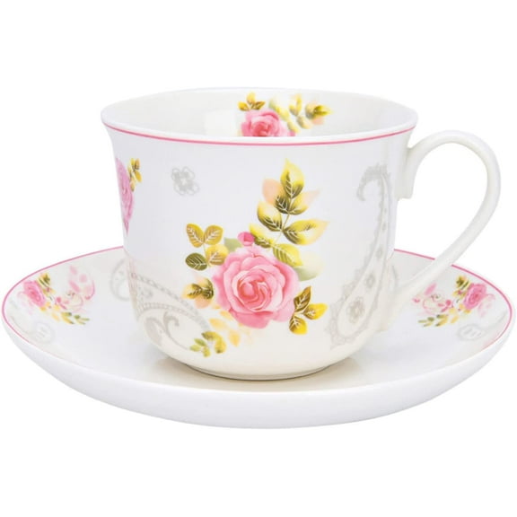 STP Porcelain J-217514 Tea Cup and Saucer, English Rose, Bone China Porcelain, Floral Design, 13.5 fl oz