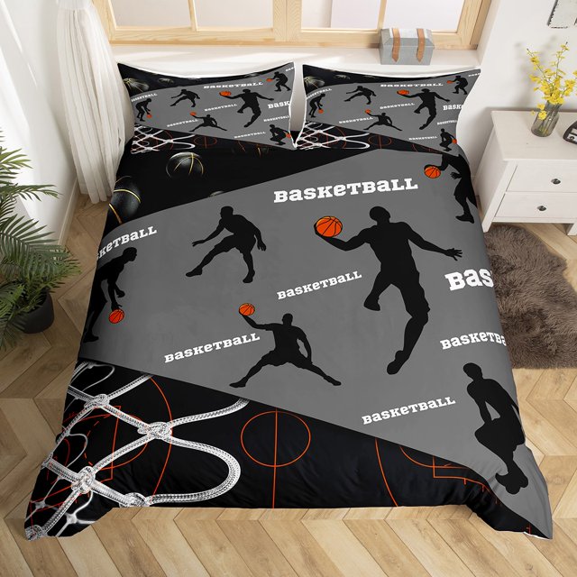 YST Basketball Bedding Set Queen Sports Duvet Cover for Boys Grey Black