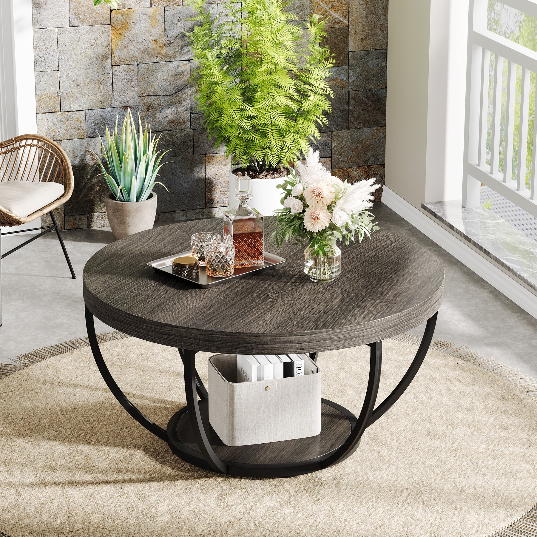 Fnova Coffee Table with 2 - Tier Storage, 32" Round Wood Coffee Table with Metal Legs, Modern Rustic Style Center Table for Living Room, Dark Gray and Black